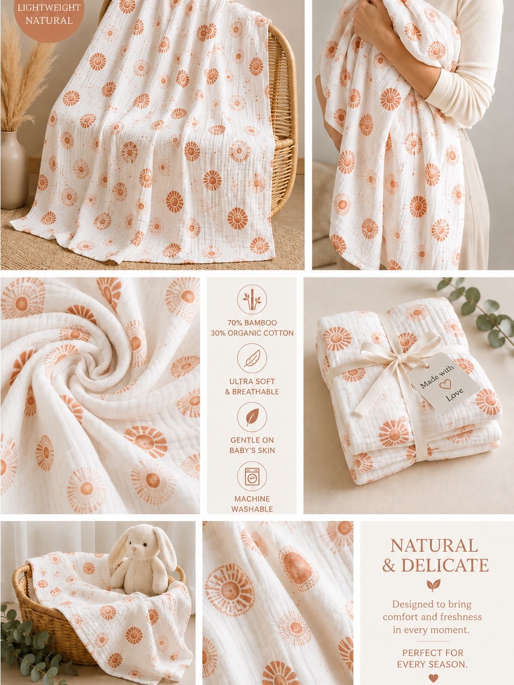 Bamboo Cotton Muslin Baby Blanket - Cream with Terracotta Sun Pattern